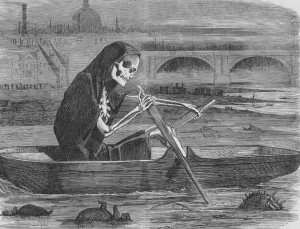 Black and White drawing of a skeleton wearing a black hooded cap, rowing a boat
