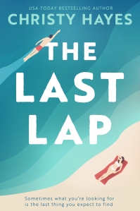 THE LAST LAP by Christy Hayes book cover: illustrated cover featuring a woman in a bikini on a red beach towel on a beach with a man swimming in the ocean
