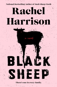 BLACK SHEEP by Rachel Harrison book cover, pink background, black lettering, author's name at the top of the cover, title at the bottom, and a black sheep in the center