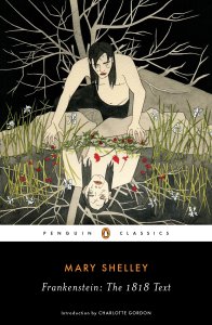 FRANKENSTEIN by Mary Shelley illustrated cover of a man looking at his reflection in water