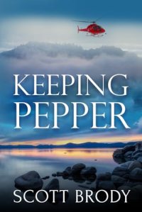 KEEPING PEPPER by Scott Brody, view of a lake with clouds in the sky and a red helicopter hovering above the lake